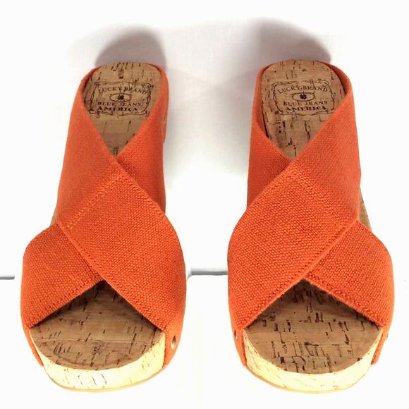 Lucky Brand Miller 2 Platform Wedge Cork Orange Tangerine Sandals Heels 9.5 M - Picture 2 of 10